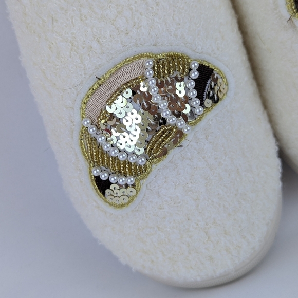Slippers & Headband Coffee Croissant Sherpa Embroidery Sequins Ivory M (7/8) NWT - Picture 2 of 16